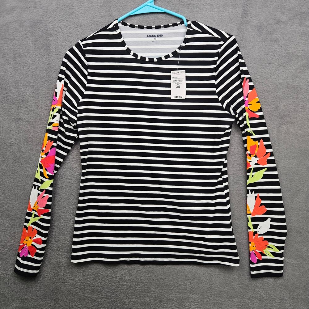 Lands End Striped Floral Spandex Top Multicolor Long Sleeved Stretchy Size XS
